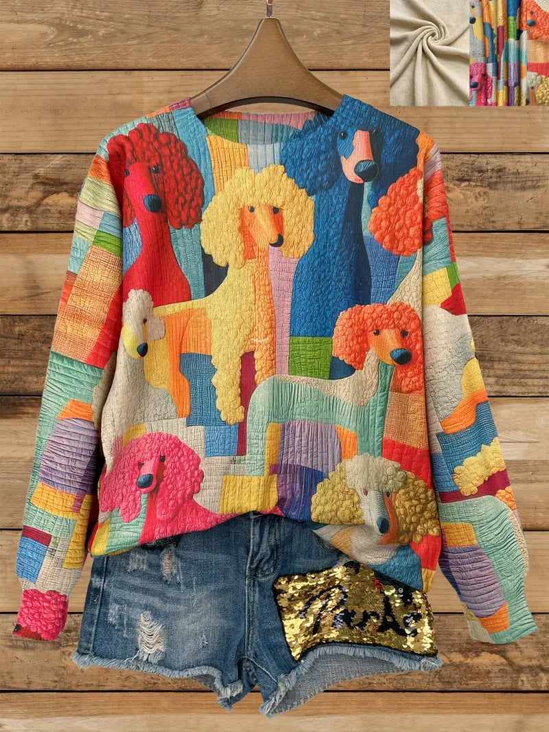 Casual Crew Neck Long Sleeve Sweater, Women's Clothing Toy dog Pattern